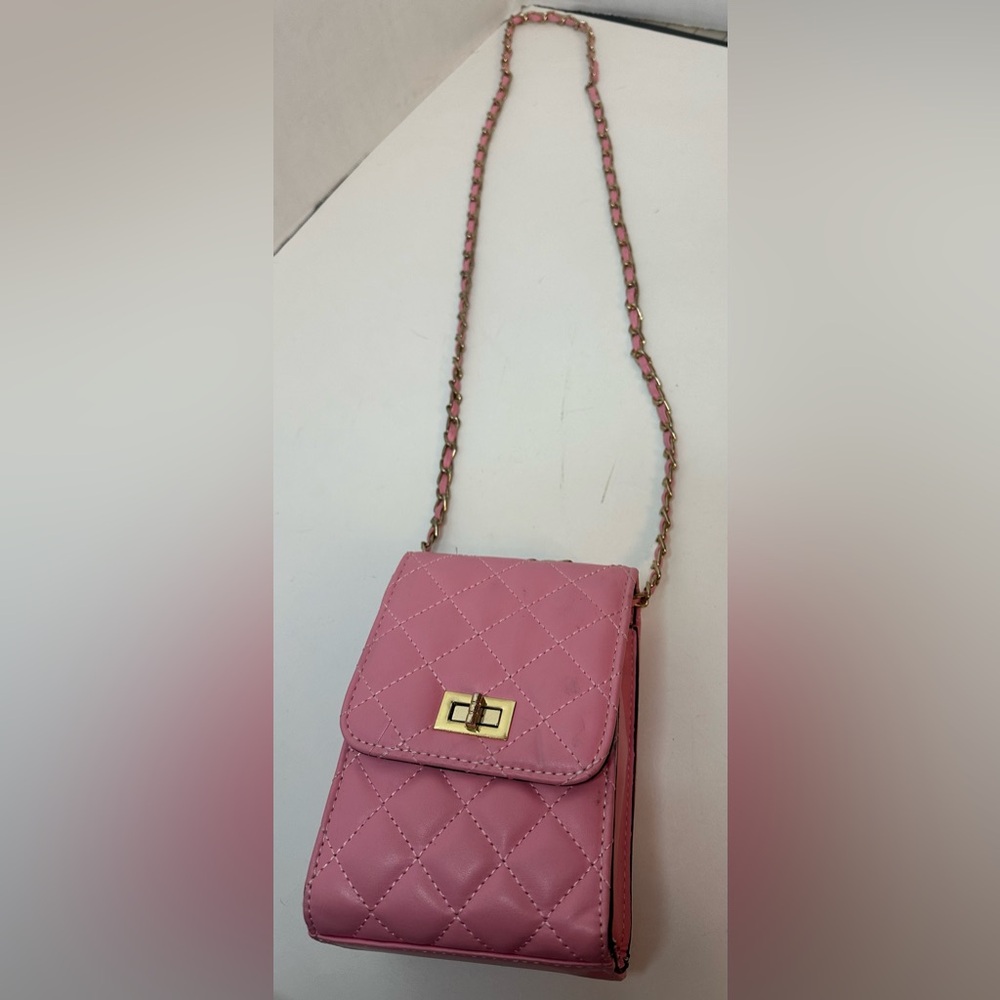 Pink Quilted faux leather crossbody bag cabin strap and gold toned hardware